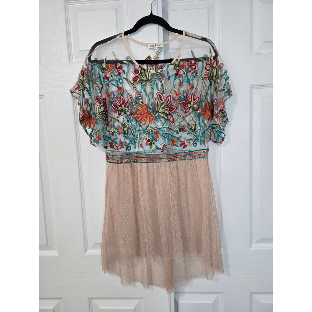 Tassels N Lace Floral Embroidered Mesh Tulle Tunic Top Blush Pink Small Boho